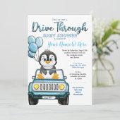Jongen rijden door Baby shower Penguin in auto Kaart (Staand voorkant)
