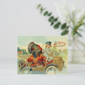 Jongen rijden een kalkoen op een klassieke auto, T Briefkaart (Staand voorkant)