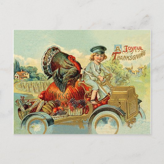 Jongen rijden een kalkoen op een klassieke auto, T Briefkaart (Voorkant)
