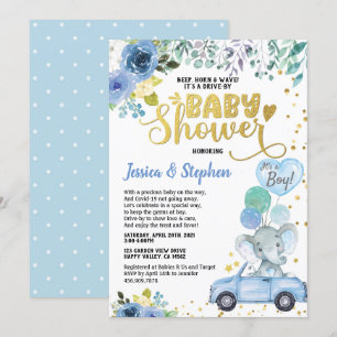 Jongen rijden op Baby shower Parade Blue Elephant Kaart