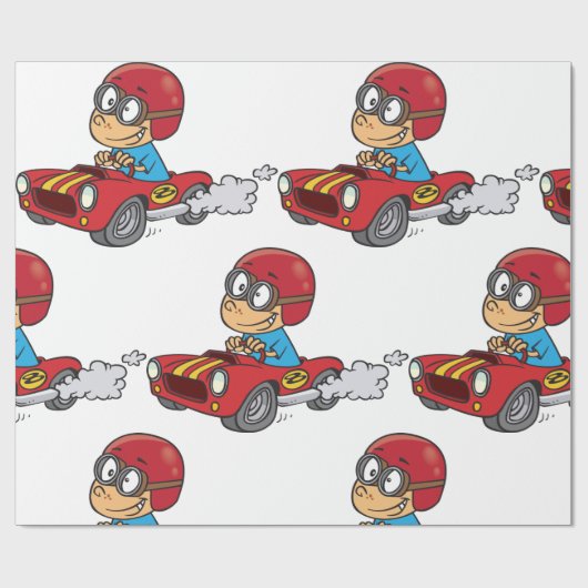 Jongen rijdt rode raceauto cadeaupapier (Vlak)