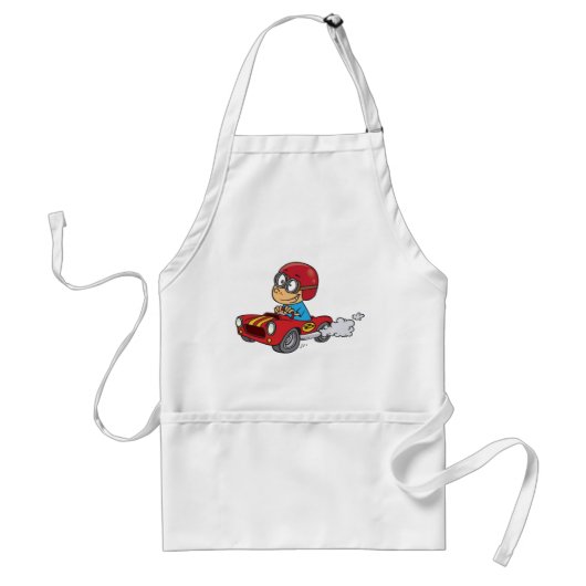 Jongen rijdt rode raceauto standaard schort (Voorkant)