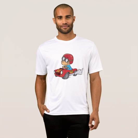 Jongen rijdt rode raceauto t-shirt (Voorkant volledig)