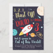 Jongen Rocket Ship Buitenspatie Birthday Uitnodigi Kaart (Voorkant)