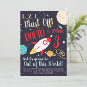 Jongen Rocket Ship Buitenspatie Birthday Uitnodigi Kaart (Staand voorkant)