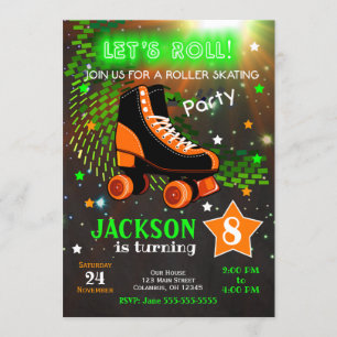 Jongen Roller Skating Birthday Invitation Neon Kaart