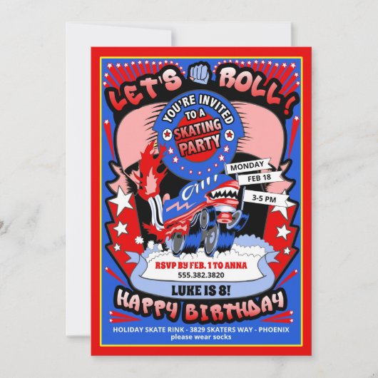 Jongen Roller Skating Birthday Party Invitation Kaart (Voorkant)