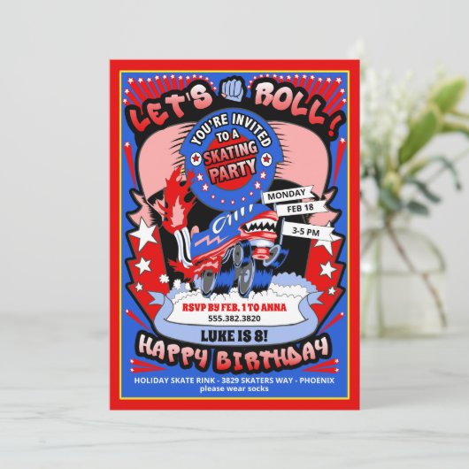 Jongen Roller Skating Birthday Party Invitation Kaart (Staand voorkant)