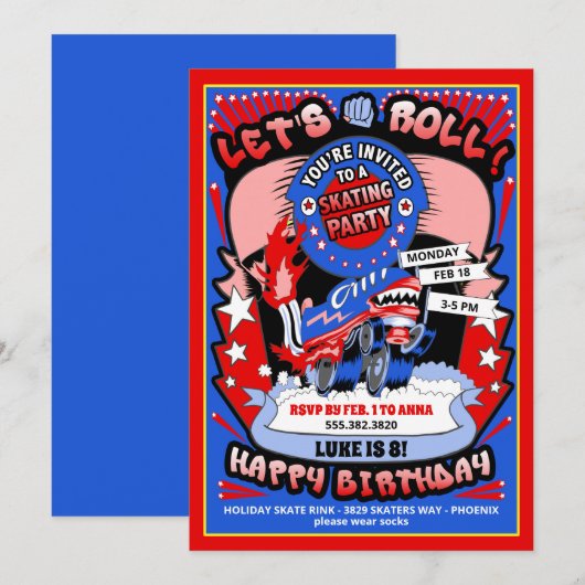 Jongen Roller Skating Birthday Party Invitation Kaart (Voorkant / Achterkant)