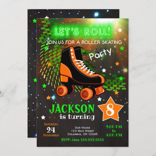 Jongen Rolschaatsen Verjaardag Uitnodiging Neon (Voorkant / Achterkant)