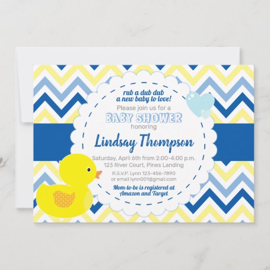 Jongen Rubber Ducky Blue Baby shower Invitation Kaart (Voorkant)