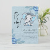 Jongen Rustieke jute olifant bloemen baby shower Kaart (Staand voorkant)