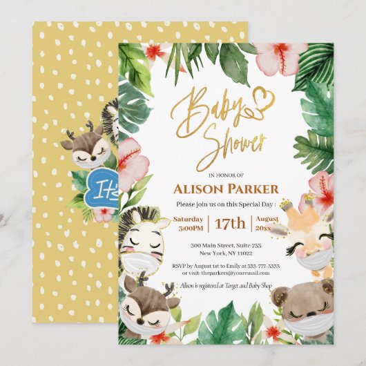 Jongen Safari Dieren Oerwoud Greenery Baby Boy Sho Kaart (Voorkant / Achterkant)