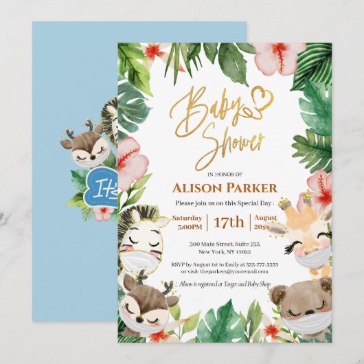 Jongen Safari Dieren Oerwoud Greenery Baby Boy Sho Kaart (Voorkant / Achterkant)