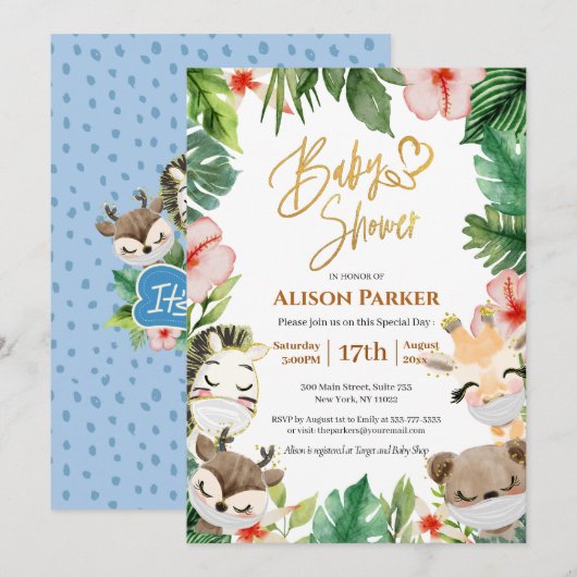 Jongen Safari Dieren Oerwoud Greenery Baby Boy Sho Kaart (Voorkant / Achterkant)