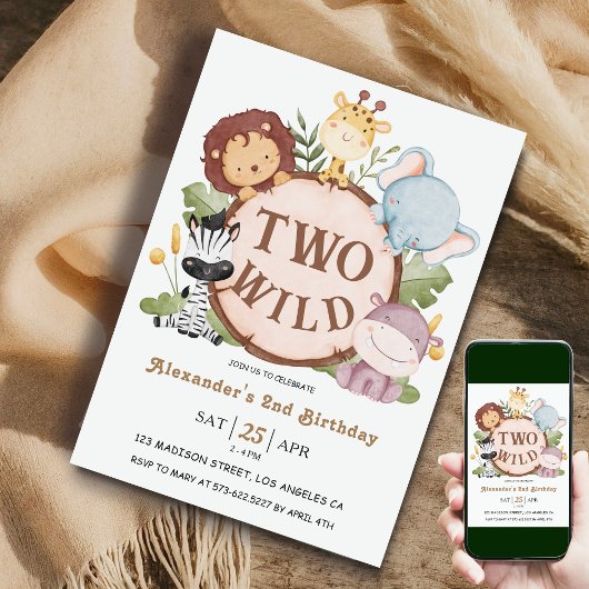 Jongen Safari Dieren TWEE WILD! 2e verjaardag Kaart