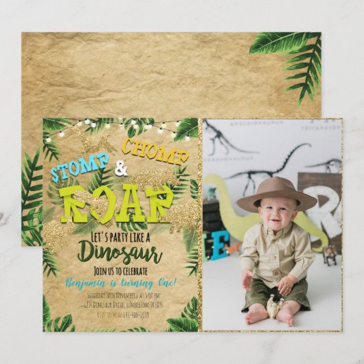 Jongen Safari Dinosaur Birthday-uitnodiging met fo Kaart (Voorkant / Achterkant)