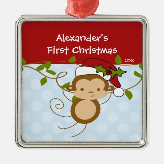 Jongen Santa Monkey Baby's eerste kerstsieraad Metalen Ornament (Voorkant)