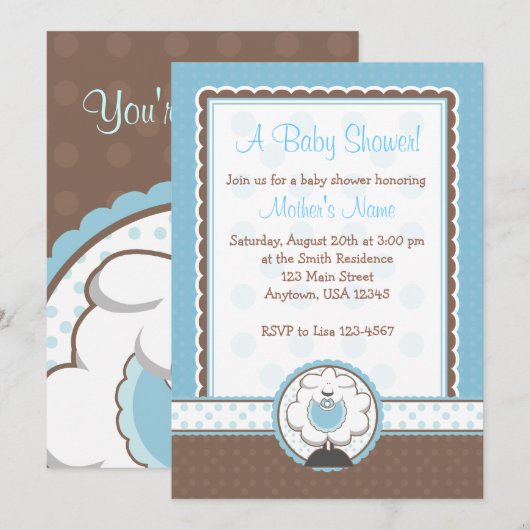 Jongen schaap blauw en bruin babyschoeisel kaart (Voorkant / Achterkant)