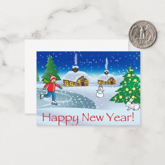 jongen schaatsen op oudejaarsavond. vrolijk kerstf notitiekaartje (Voorkant / Achterkant in situ)