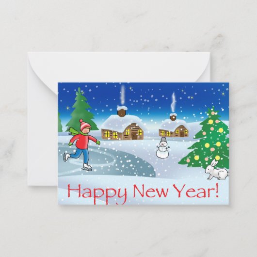 jongen schaatsen op oudejaarsavond. vrolijk kerstf notitiekaartje (Voorkant)