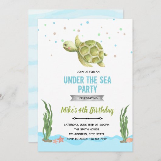 Jongen schildpad onder de zee uitnodiging (Voorkant / Achterkant)