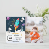 Jongen schip buitenruimte planeet verjaardagsfeest kaart (Staand voorkant)