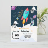 Jongen schip buitenruimte planeet verjaardagsfeest kaart (Staand voorkant)