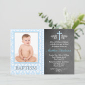 Jongen schoolbord foto doop uitnodigingen (Staand voorkant)