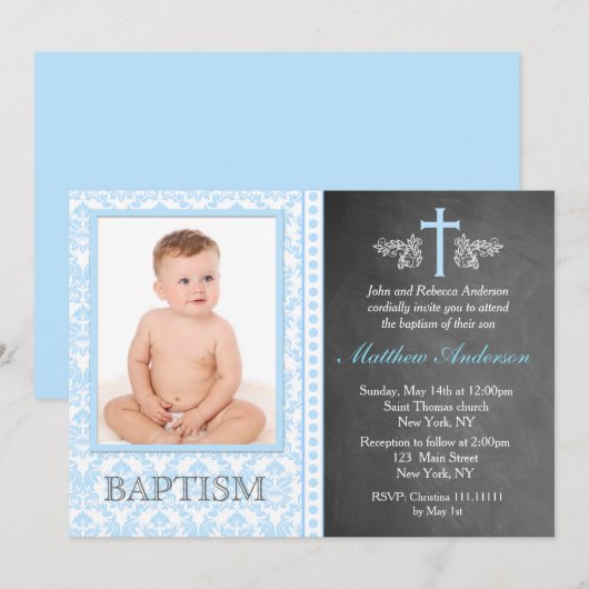 Jongen schoolbord foto doop uitnodigingen (Voorkant / Achterkant)