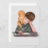 Jongen schrijven, kat op schouder, handgemaakt/ Cl Feestdagenkaart (Voorkant / Achterkant)