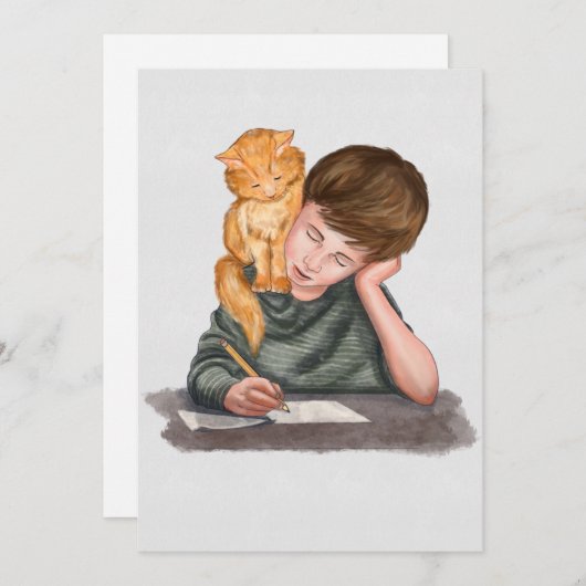 Jongen schrijven, kat op schouder, handgemaakt/ Cl Feestdagenkaart (Voorkant / Achterkant)