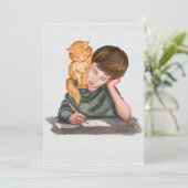 Jongen schrijven, kat op schouder, handgemaakt/ Cl Feestdagenkaart (Staand voorkant)