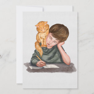 Jongen schrijven, kat op schouder, handgemaakt/ Cl Feestdagenkaart