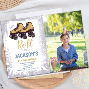 Jongen Skating Birthday Invitations met foto Kaart