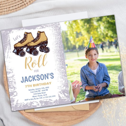 Jongen Skating Birthday Invitations met foto Kaart