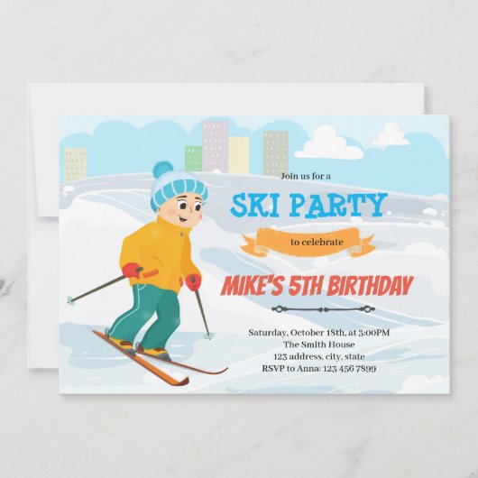 Jongen ski verjaardag thema uitnodiging (Voorkant)