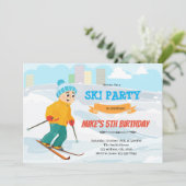Jongen ski verjaardag thema uitnodiging (Staand voorkant)
