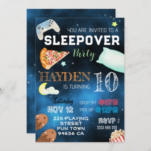 Jongen Sleepover Pizza Pyjama Verjaardag Kaart (Voorkant / Achterkant)