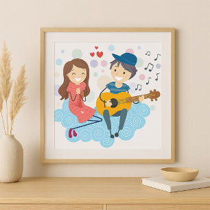 Jongen speelt gitaar voor Girl Love and Music Poster