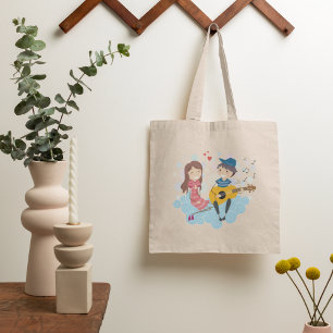 Jongen speelt gitaar voor Girl Love and Music Tote Bag