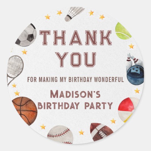 Jongen Sport Ball Kinderen Verjaardag Dank u Ronde Sticker (Voorkant)