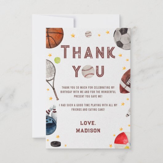 Jongen Sport Verjaardag Dank je kaart (Voorkant)