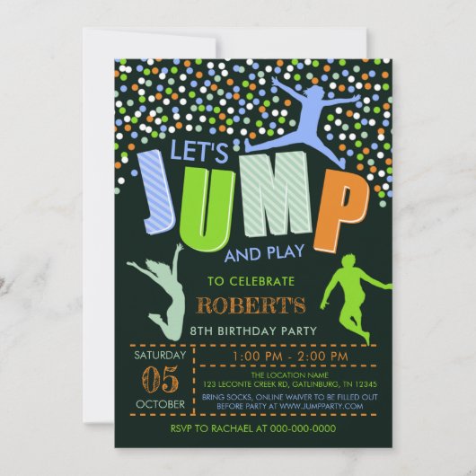 Jongen sprong verjaardag, sprong trampoline uitnod kaart (Voorkant)