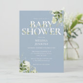Jongen Stofblauw Groene Bladeren Foto Baby Shower Kaart (Staand voorkant)