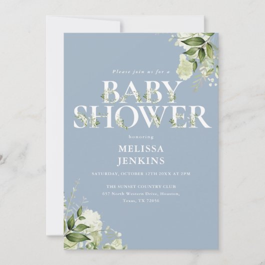 Jongen Stofblauw Groenelementen QR Code Baby Showe Kaart (Voorkant)