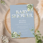 Jongen Stofblauw Groenery Blad Letter Baby Shower Kaart