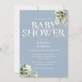 Jongen Stofblauw Groenery Blad Letter Baby Shower Kaart (Voorkant)