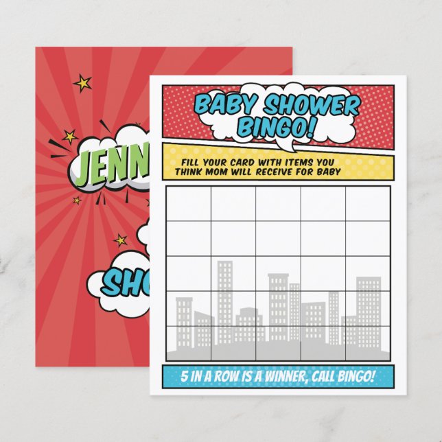 Jongen Stripboek Superheld Baby Shower Bingo Spel (Voorkant / Achterkant)