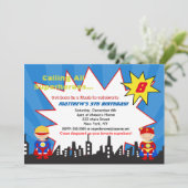Jongen Superheld Birthday Party Invitations Kaart (Staand voorkant)